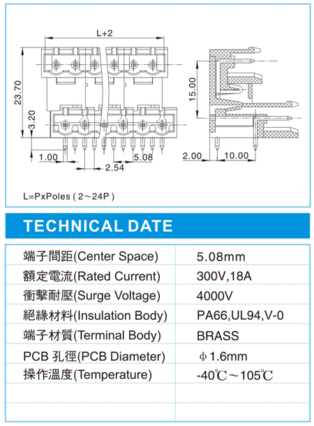 复合式接线端子,CNH 2.5-XX-5.08-00(300V,18A)尺寸图